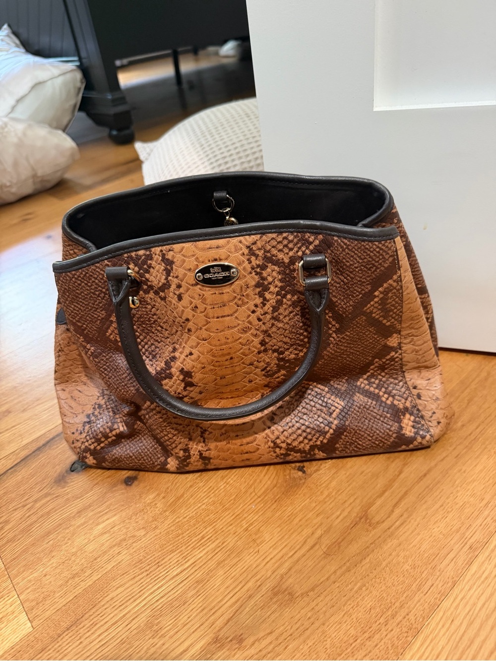 Coach Brown Snakeskin-Print Satchel with Black Trim